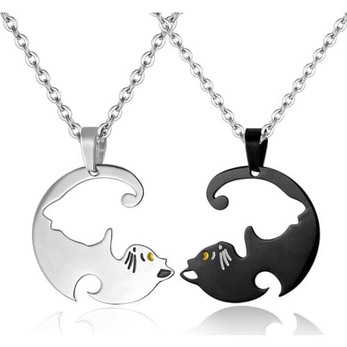 Couples Necklaces Black White Cat Stainless Steel Animal Pendants Necklace Jewelry 1 pair