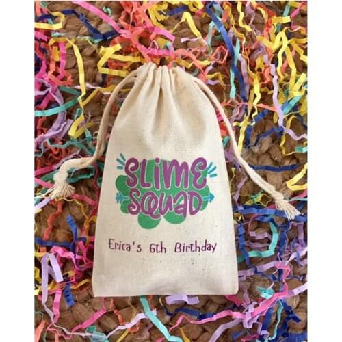 Slime Party Favor Bag personalized cotton birthday party bags Slime Squad gift bag welcome drawstring bags treat bag Set of 10
