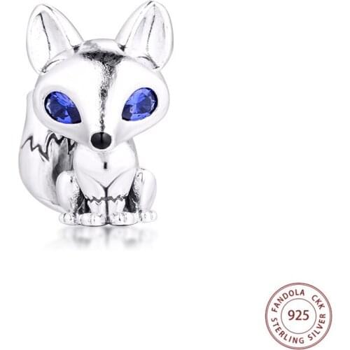 2020 Real 925 Sterling Silver Blue-Eyed Fox Animal Charms Fits Original Pandora Bracelet Metal Beads for Jewelry Making bijoux