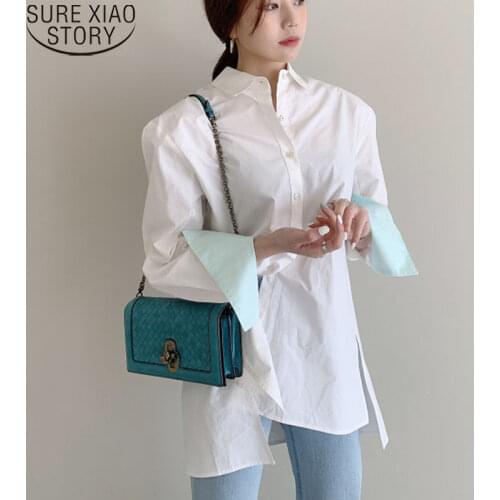 Casual Loose Korean Solid Fashion Split Shirt Womens Tops and Blouses OL Style Long Shirts Turn-down Collar Clothes Shirts 10294