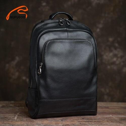 NUPUGOO Casual Men Backpack Genuine leather Casual School Bags Coffee Business Male Back Pack 15 Inch Laptop Large Capacity Bag