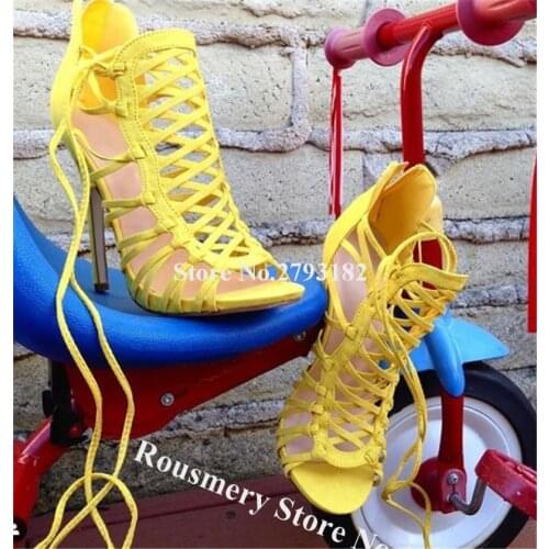 Women Summer Cute Straps Cross Stiletto Heel Gladiator Sandals Yellow Suede Lace-up High Heel Sandals Formal Dress Heels