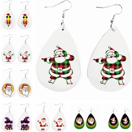 Faux Leather Earrings- Santa Honey Bee Vector Earrings Santa Drinking Earrings Buffalo Plaid Santa Claus Teardrop Earrings