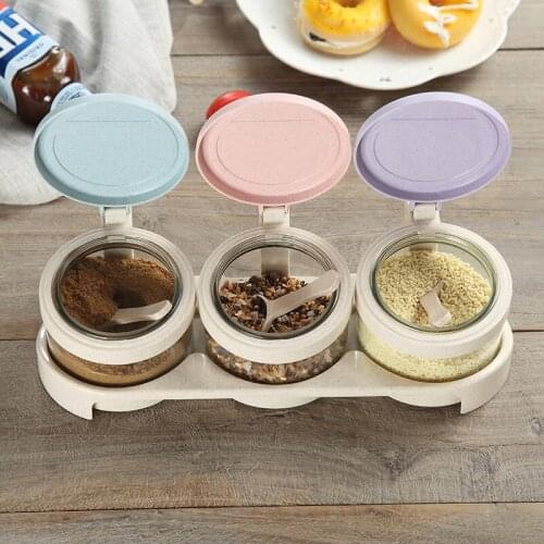 Glass Seasoning Box Set Home-use Spices Condiment Storage Box Lucency Seasoner Cruets With Wheat Straw Base Kitchen Tools 1 set