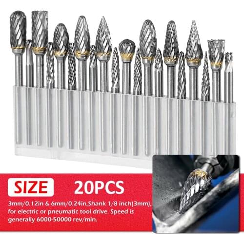 20Pcs 1/8" Shank Tungsten Carbide Burr Bit CNC Engraving Rotary Cutter Files Double Diamond Cut Rotary Dremel Tools Hot Sale