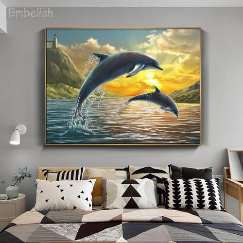 Embelish 1 Pieces Wall Art Posters Two Dolphins Jumping Out of The Sunset Sea Landscape Home Decor Pictures HD Canvas Paintings