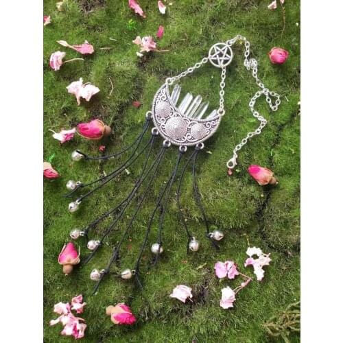 Witch Bell Protection Door Charm Crescent Moon Quartz Crystal Point,New Home Gift,for A Witch,Pentagram Occult Decor Gift