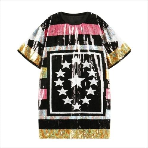 CHIC Spring Summer New Hip Hop Punk Europe Stars Women Stripes Sequins T-Shirt Long Tops Tee Ladies Dress T Female Street Wear