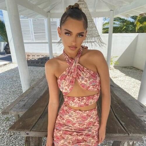 New Sexy Print Two Piece Set Female Skirt Hollow Out Backless Halter Top and Summer Mini High Waisted Skirt Womens Suit Fashion