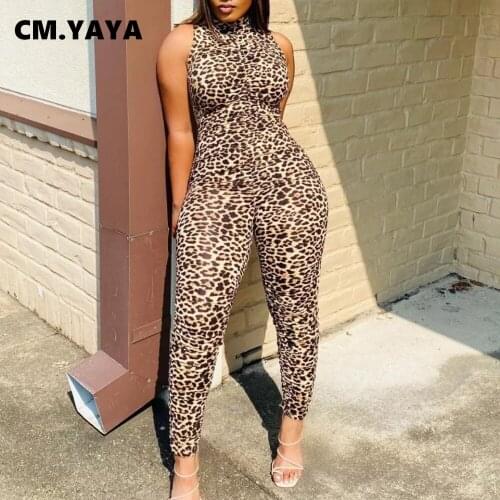 CM.YAYA Women Leopard Print Sleeveless Stacked Jumpsuit Streetwear Workout Bodycon Shirring Ruched Romper Playsuit