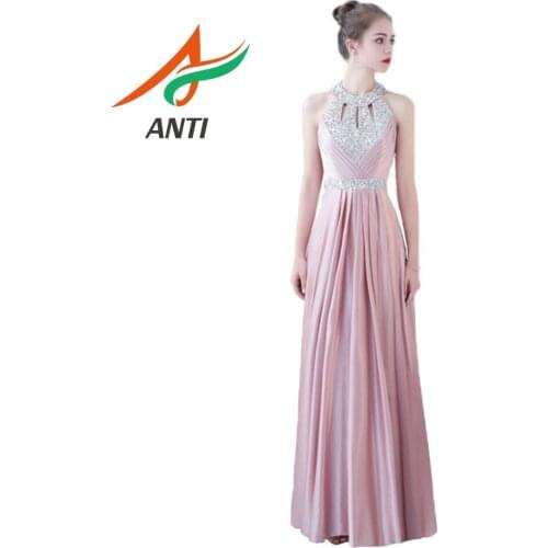 ANTI Elegant Pink Satin Prom Dresses Beading Crystal Sequined A-Line Womens Pageant Dress Formal Party Dress Vestido De Festa