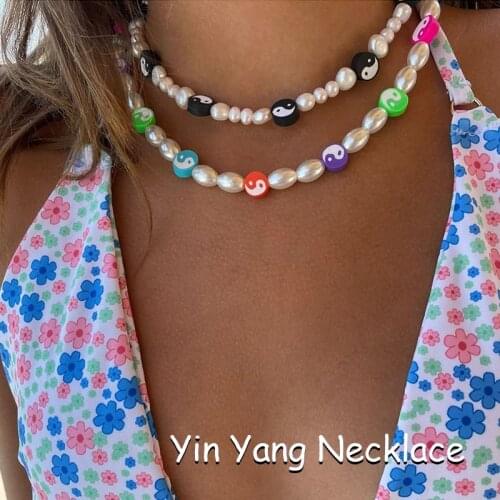 2000s Aesthetic Pearl Black White Yin Yang Necklace for Women Y2K Jewelry Rainbow Bead Fashion Necklace Egirl Style Friends Gift