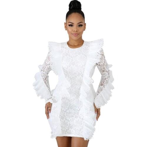 Sexy See-through Lace Ruffles Bodycon Dress Women Spring Long Sleeve O-neck Holiday Party Club White Dress Ropa Mujer Vestidos