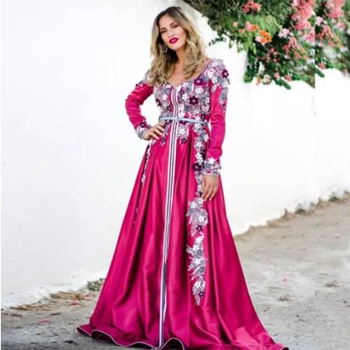 Rose Red 3D Flower Moroccan Caftan Evening Dresses Elegant Long Sleeves Beaded Dubai Saudi Arabia Prom Formal Dress Custom Made