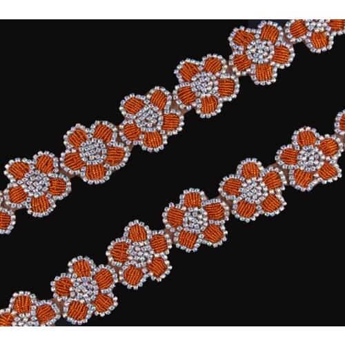 10Yard Excellent Quality Beaded Orange Rhinestone Applique Trim Sewing Crystal Rhinestone Patch Trimming For DIY Wedding Sash