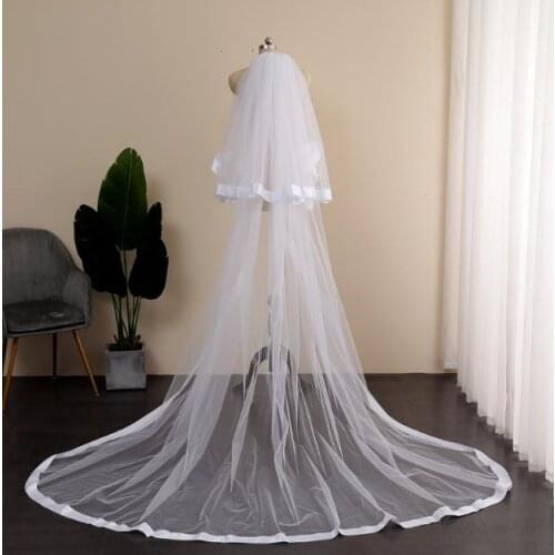 Satin Ribbon Wedding Veil, Chapel Drop Veil with Horsehair Trim, Crinoline Trim, Veil with Blusher, Wedding Veil, Bridal Veil,2