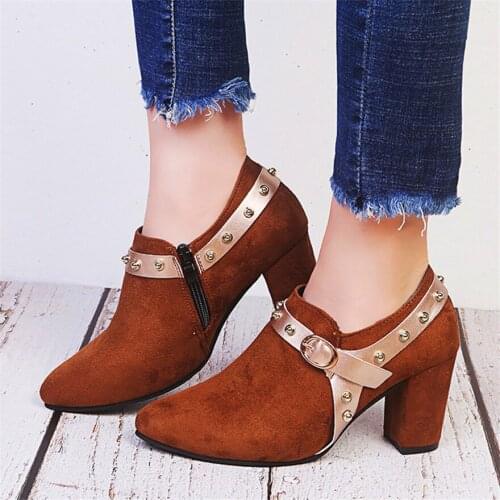 3 Colors Retro Rivet Buckle Ankle Boots Women Platform Low-top Shoes Solid Flock Thick Heels Ladies Pointed Toe Work Short Boots