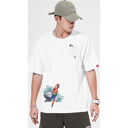 2021 Summer New t-shirt Men Retro Parrot Embroidery O-neck Cotton Short Sleeve T shirt Fashion Oversized Mens T shirt Tops