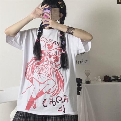 Cartoon Girl Short-Sleeved Print T-Shirt Harajuku Loose bf Style Black Female Streetwear Casual T-Shirt Fashion Students Tops