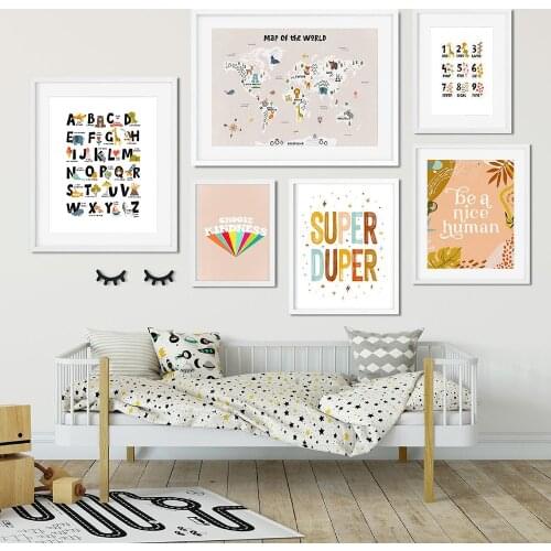 Boho Nursery Poster Animal World Map Alphabet Wall Art Scandinavian Canvas Painting Pictures For Living Room Home Decor No Frame