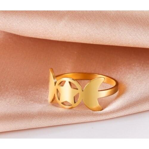 COOLTIME Pentagram Star Moon Goddess Ring for Women Men Stainless Steel Gold Color Witch Celtics Vintage Wicca Jewelry