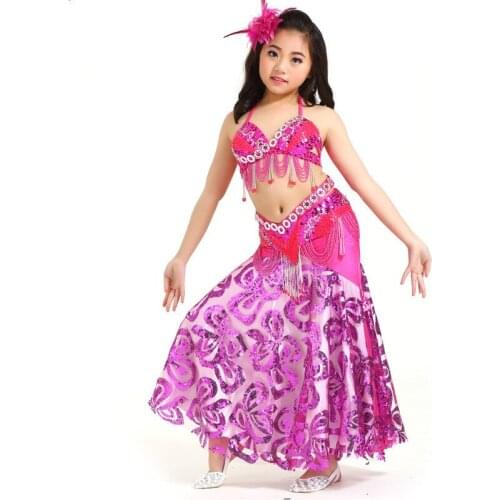 Children Belly Dance Clothing Oriental Dance Outfit Bra Belt Skirt 3 pcs Professional Kids Belly Dance Performance Costumes Set