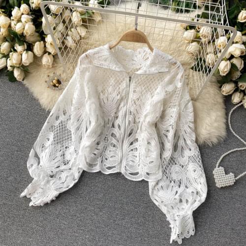 Lace Sexy Hollow Out Stand Collar Shirt All-match Zip Femme Blusas Chic Lantern Long Sleeve Women Blouses fall