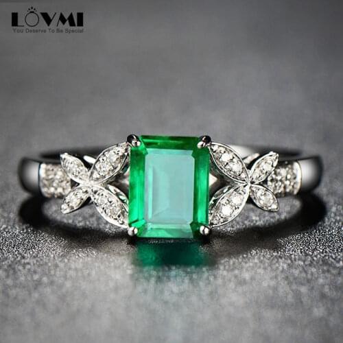 Trendy Silver Womens Rings Emerald Gemstone Green Ring Butterfly Flower Shape Open Adjustable Party Fine Jewelry Accessories