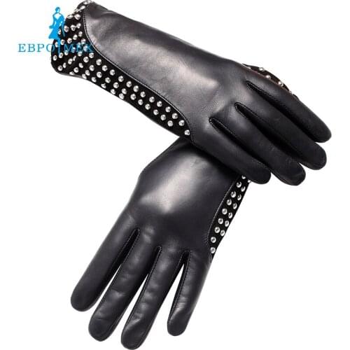Genuine Leather glovePunk style gloves female Fashion leather gloves warm gloves winter Popular style gloves women rivet design