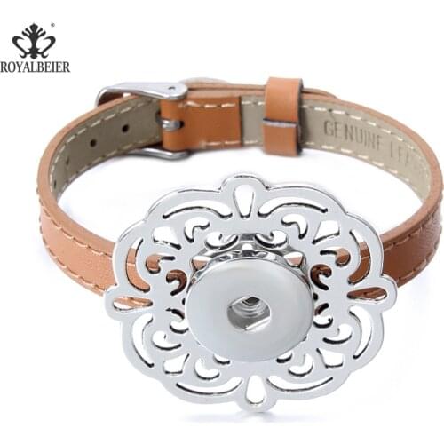 New Genuine Leather Fashion Four Colors Bracelet DIY With Flower Button Snap Button Jewelry Charm For Women SZ0521