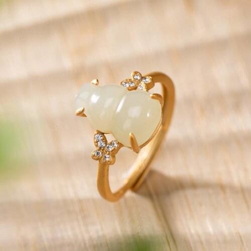 Original S925 Sterling Silver Gold-Plated Natural Hetian Jade Ring Han Chinese Clothing Cheongsam with Butterfly Gourd Female Op