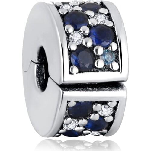 Authentic S925 Clip Bead fit Lady Bracelet Bangle Shining Elegance Navy CZ Crystal Charms DIY Jewelry