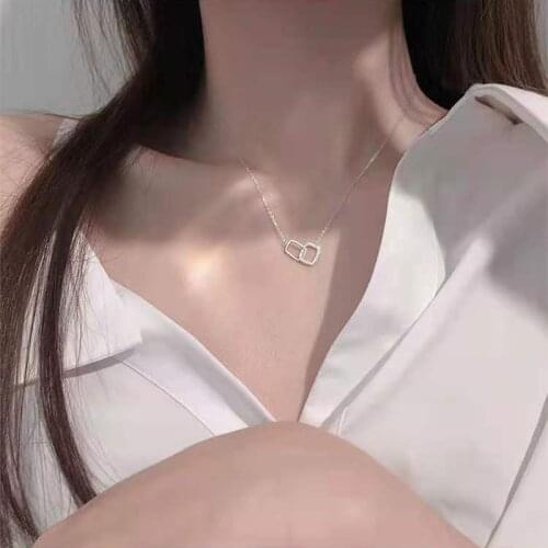 Trendy 925 Sterling Silver Double Rectangle Choker Full Zircon Geometric Pendant Necklace Women Wedding Gift Fine Jewelry NK088