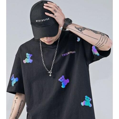 Casual Laser Reflective Bear Anime Print T-shirt Man Women Unisex Summer Graphic Short Sleeve T Shirts Oversized Fashion Clothes