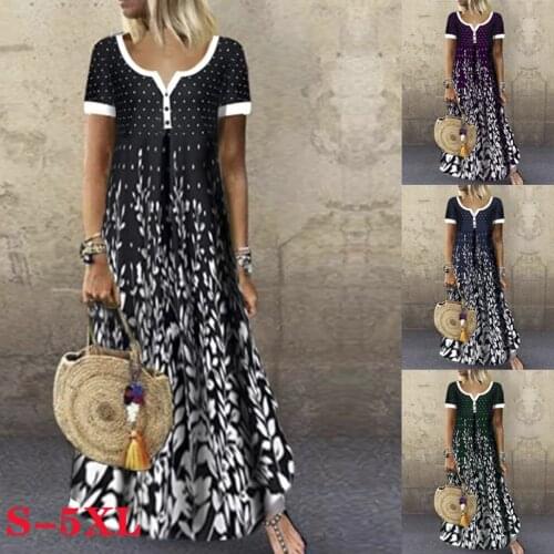 Plus Size Summer Casual Women Maxi Dress V-neck Short Sleeve Loose Black Long Dress Button Cotton Dress Women Clothing Vestidos