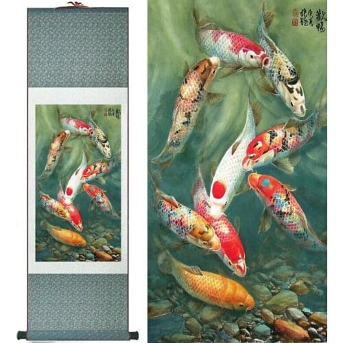 Fish painting Silk scroll paintings traditional art Chinese paintingPrinted painting