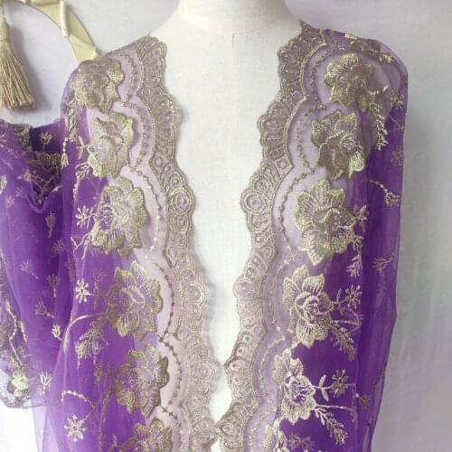 High quality purple gauze tissu Flower embroidery with gold thread fabric Skirt DIY womens wear curtain material