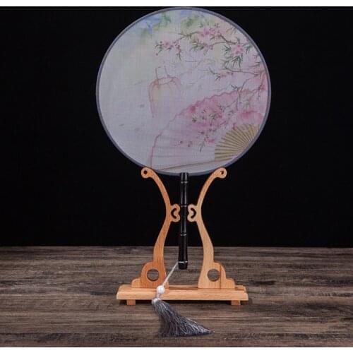 W3JE Chinese Hand Fan Stand Wood Sturdy Round Fan Display Base Decorative Stand Fan
