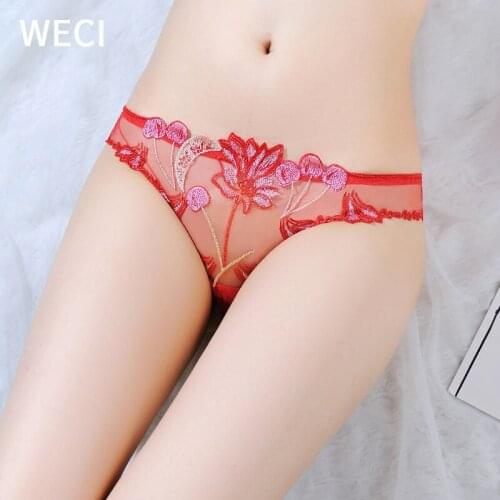 WECI Womens Lace Panties Sexy Transparent Thong Female Underwear Cotton Crotch Briefs Embroidery Micro Temptation Underpants