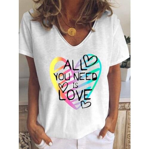 Elegant Short Sleeve T Shirt Women 2021 Summer Casual V Neck Women Clothes Harajuku White Love Letter Print Female T-Shirt