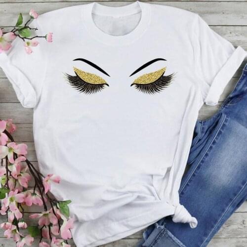 Women Graphic Sleep Make Up Beauty Eyelash Cartoon Summer Fashion Female Clothes Print Short Sleeve Tops Tees Tshirt T-Shirt