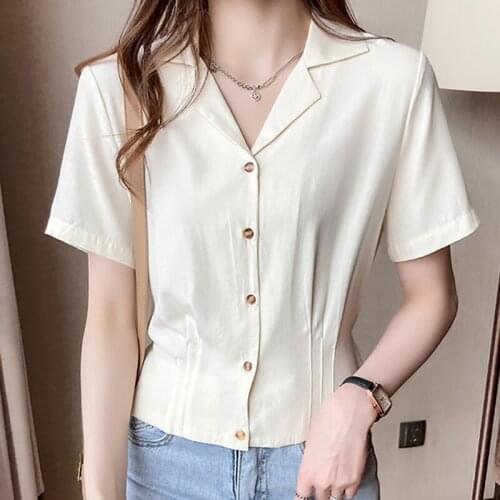 Shintimes Short Women Blouses Notched Slim Button Office Lady Folds Apricot Shirt Summer Tops 2021 Woman Clothes Chemisier Femme