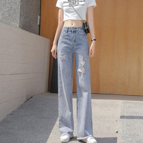 Womens Casual Floor Length Denim Pants Summer Autumn Wide Leg Jeans High Waist Loose Straight Denim Trousers