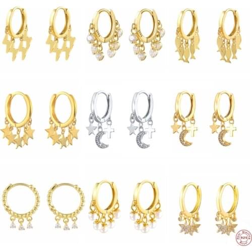 CANNER Moon And Star Pendant Earrings S925 Sterling Silver Zircon Drop Earring For Women brincos oorbellen pendientes Jewerly