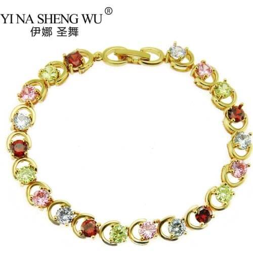 Vintage Multi-color Crystal Hip Hop Bracelets For Women Gold Color Chain Bracelet Water Cubic Zircon Wedding Rhinestone Jewelry