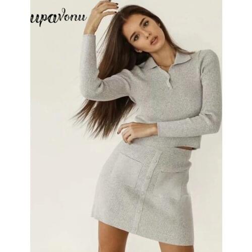 Free Shipping Casual Knit Skirt Set Women Lapel Long Sleeve Turtleneck Short Sweater & A Line Mini Skirt Dress Party Vestidos