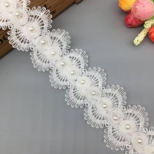 1 yard Polyester Pearl Rose Flower Lace Trim Embroidered Lace Ribbon Fabric Costume Wedding Dress DIY Sewing Craft Accessories