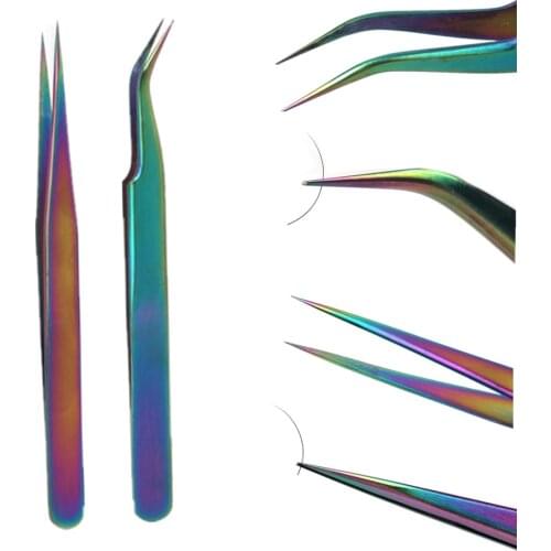 2PCS Stainless Steel Eyelash Extension Tweezers Straight Curve Individual Eyelash Tweezers Nippers Pointed Clip Nail Art Tools