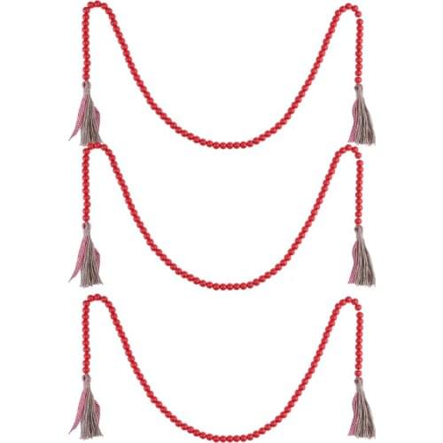 Wooden Bead Wreath With Tassels Wood Bead Christmas Garland Wreath Vintage Red Wood Hanging Garland For Wall Home Decor