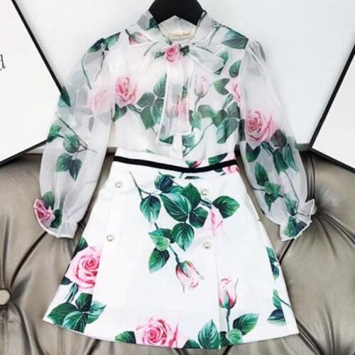 Baby girl autumn vintage bow printed long sleeve shirt+mini skirt kids two piece sets